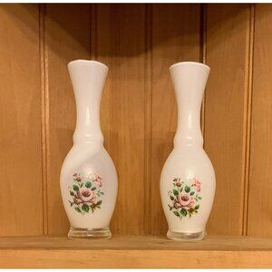 Vintage White Milk Glass Bud Vases With Hand-Painted Floral Design Set Of 2